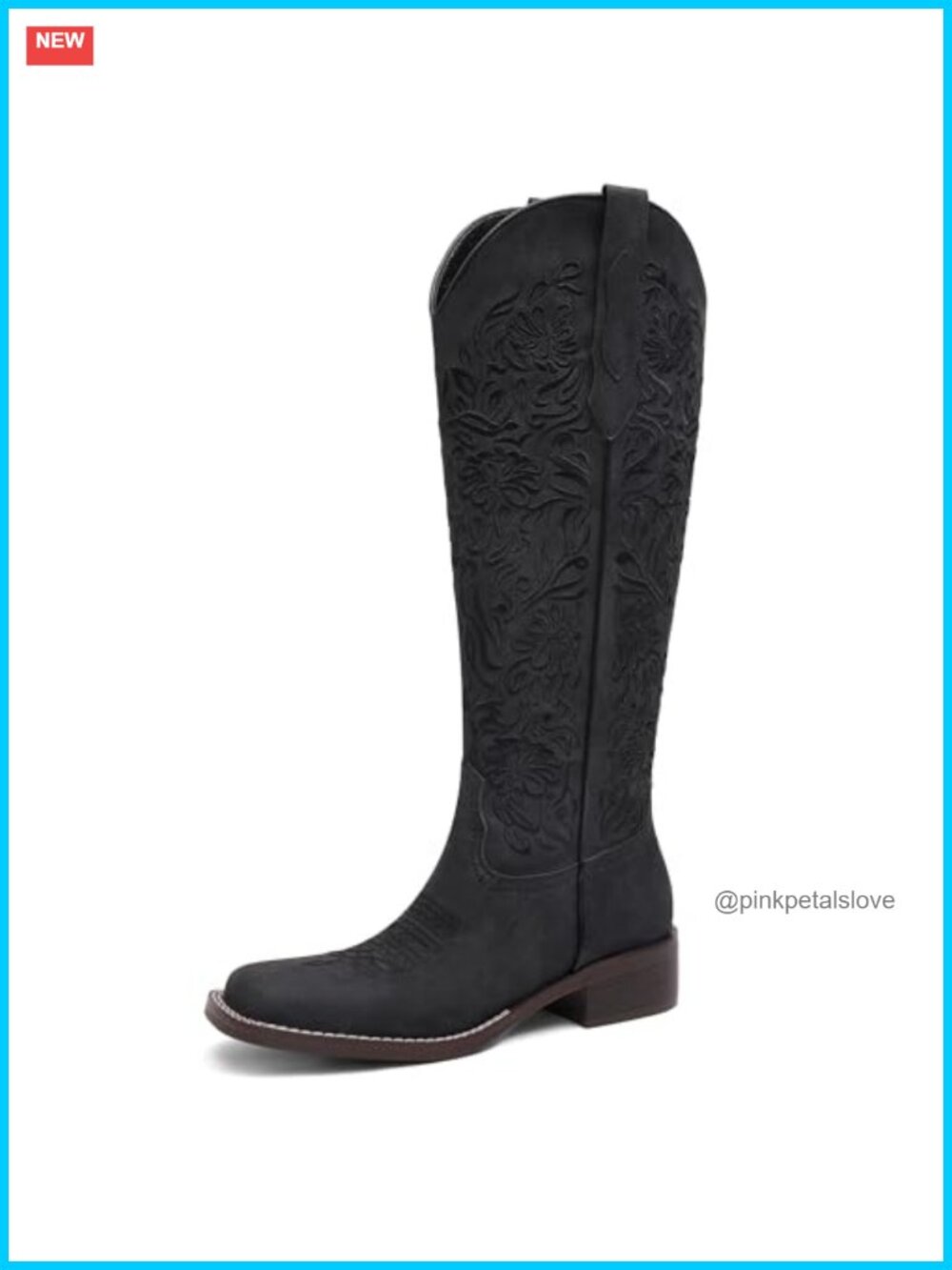 Embroidered Cowboy Boots Knee High Western Square Toe Pull On Low Heel